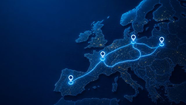 Map of Europe with fleet GPS rollout routes between major hubs