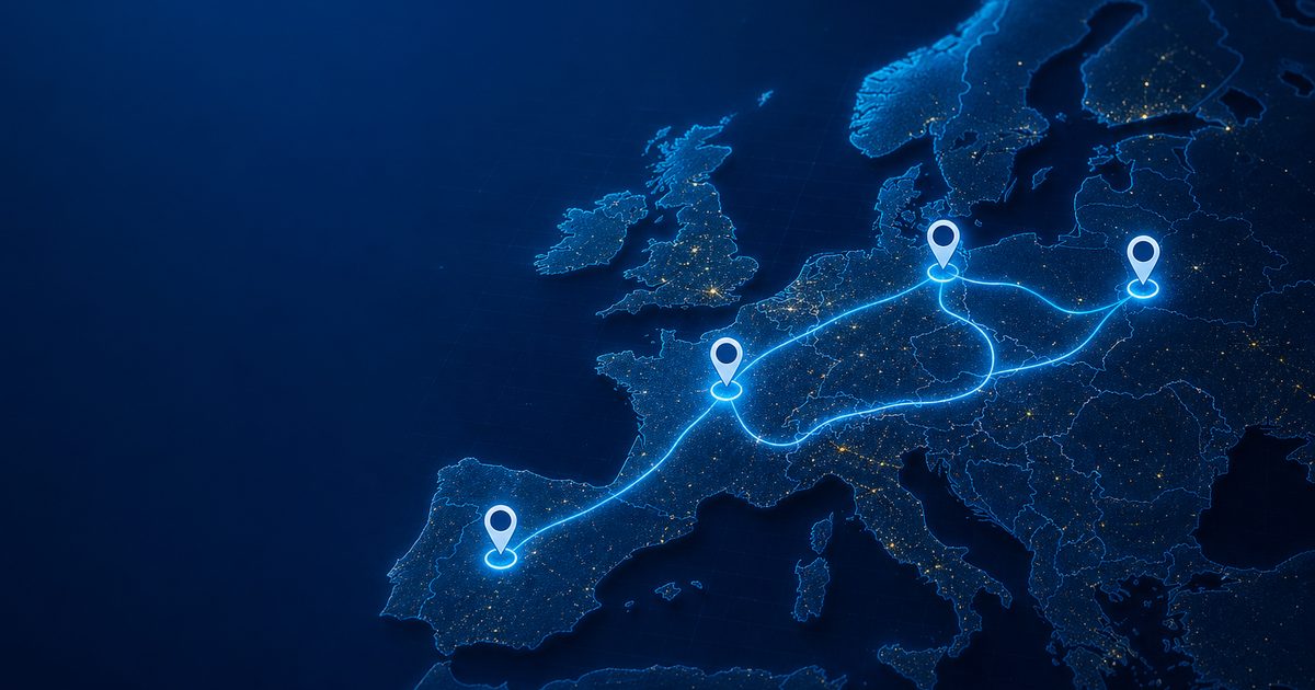 Map of Europe with fleet GPS rollout routes between major hubs