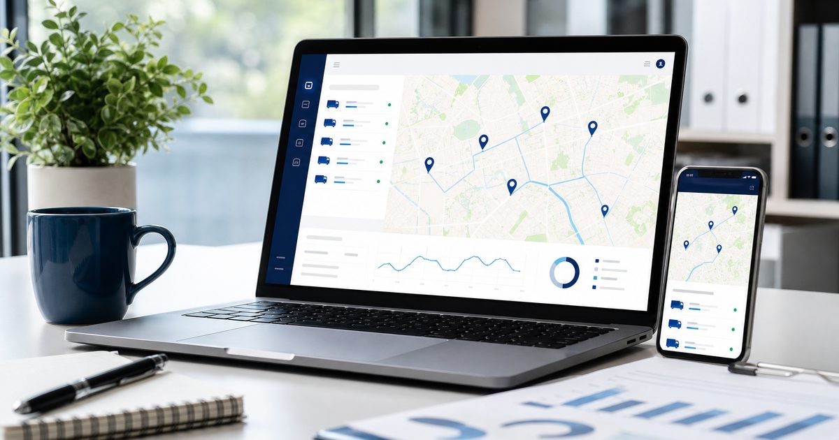 Desk with laptop and smartphone showing fleet GPS monitoring map